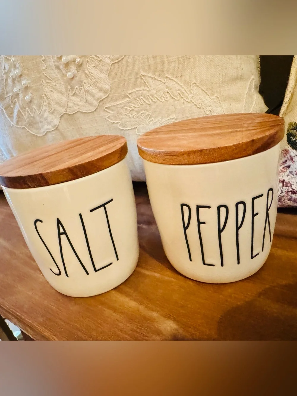 Rae Dunn Salt and Pepper Cellar Set with Wooden Lids, New in Box